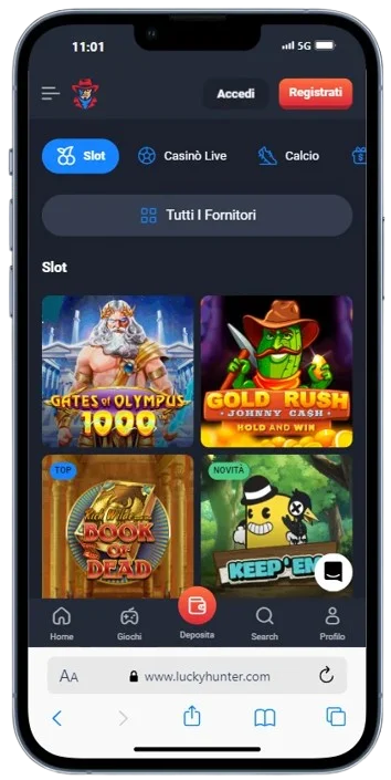 Una selezione di slot nell'app Lucky Hunter