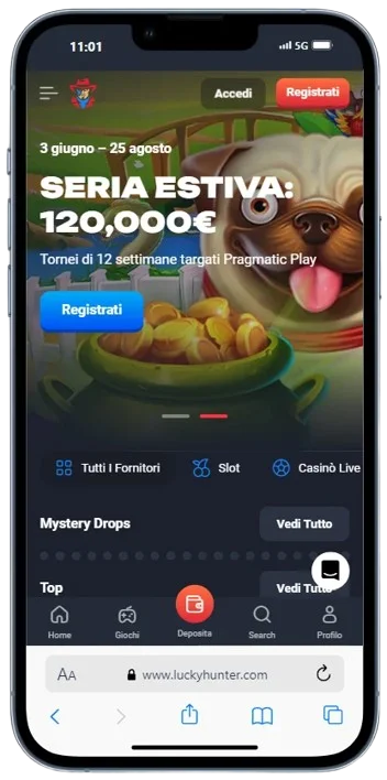 Pagina della lobby LuckyHunter App